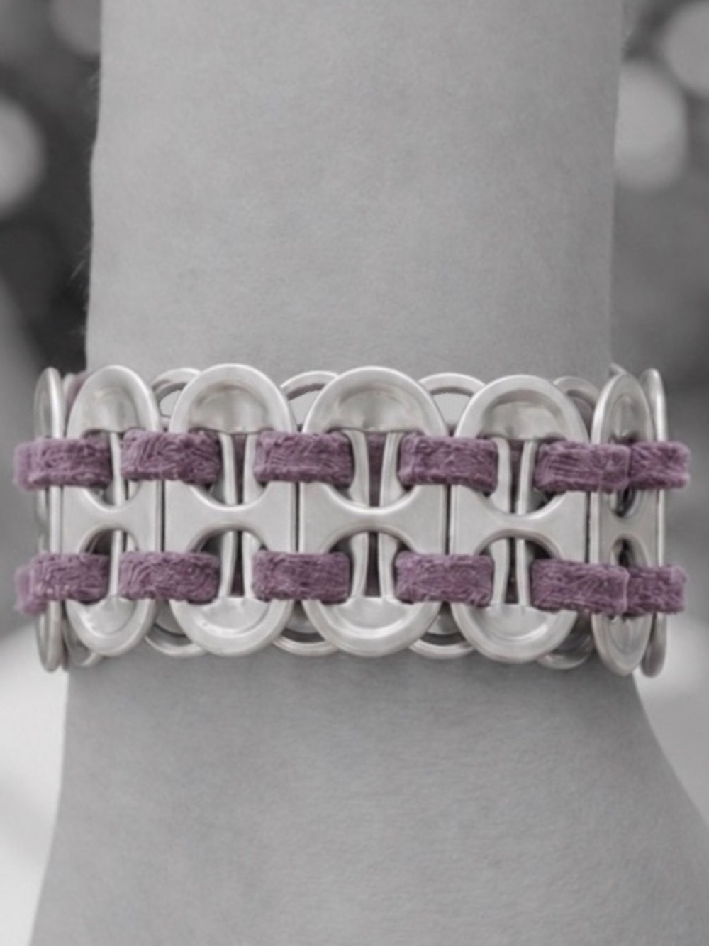 Soda Pop Tab~ Ring Pull Pop Top Ring Upcycled Purple Leather Woven Sci-fi Bangle